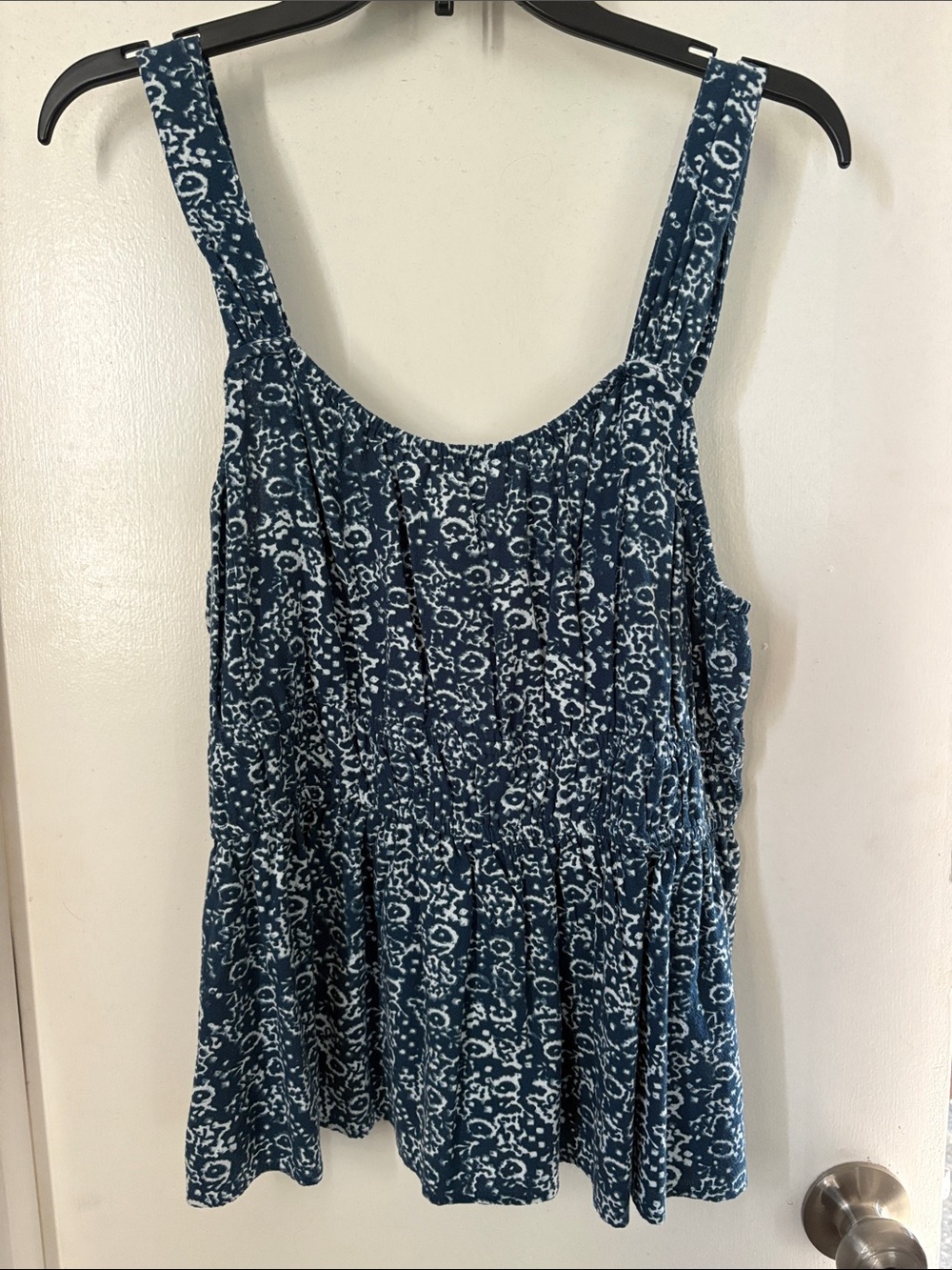 Wonderly Navy Blue and White Printed Peplum Tank